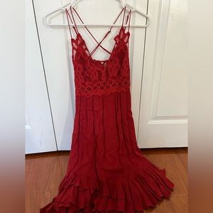 Free People Red flowy dress with lace. Worn once. Size small.